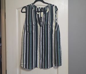 Worthington Black, White, and Green Striped Blouse